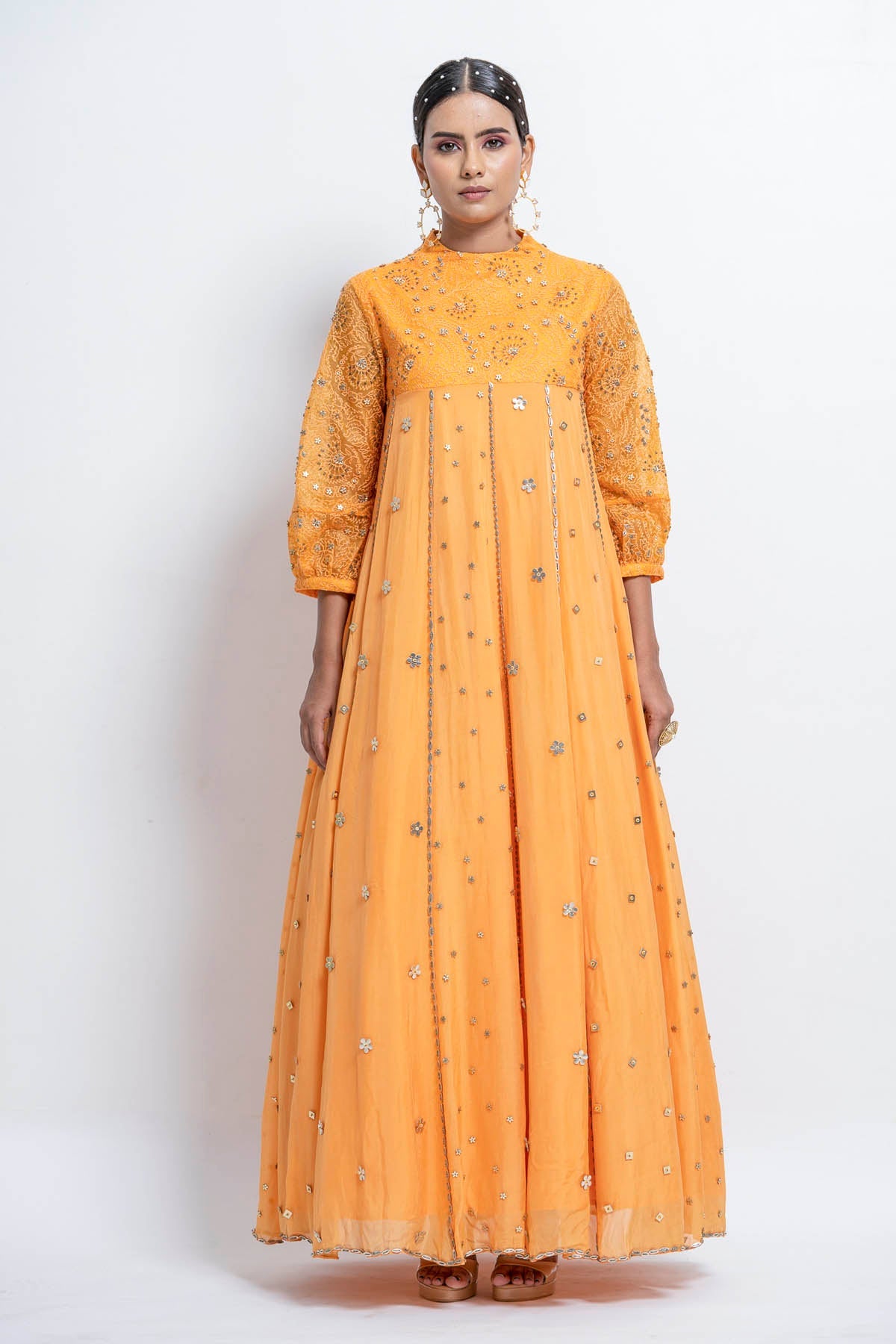Yellow Embroidered Flared Gown at ScrollnShops